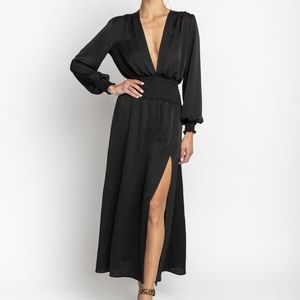 RESA Black Satin Plunging Neckline Long Sleeve Smocked Waist Jade Maxi Dress